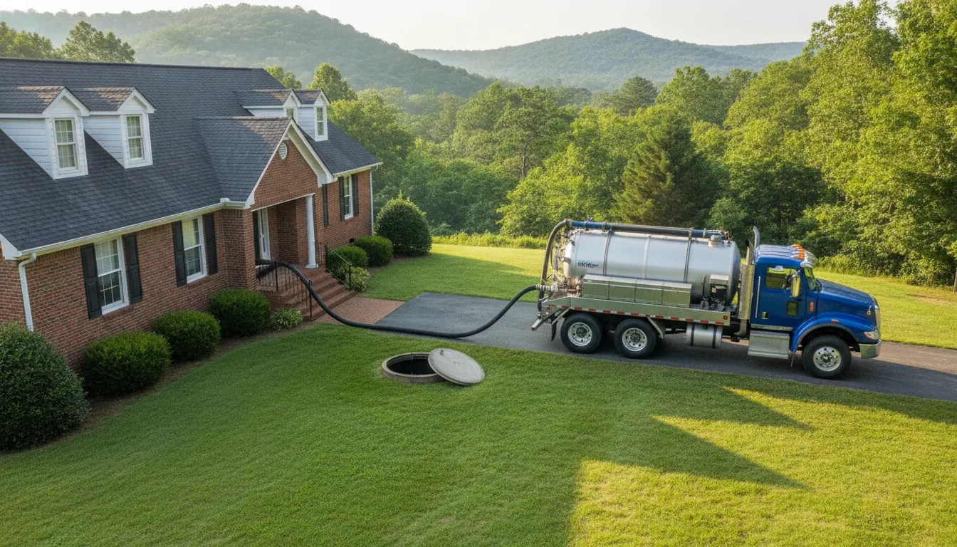 Vacuum truck with a hose running to an open septic tank lid in a lawn