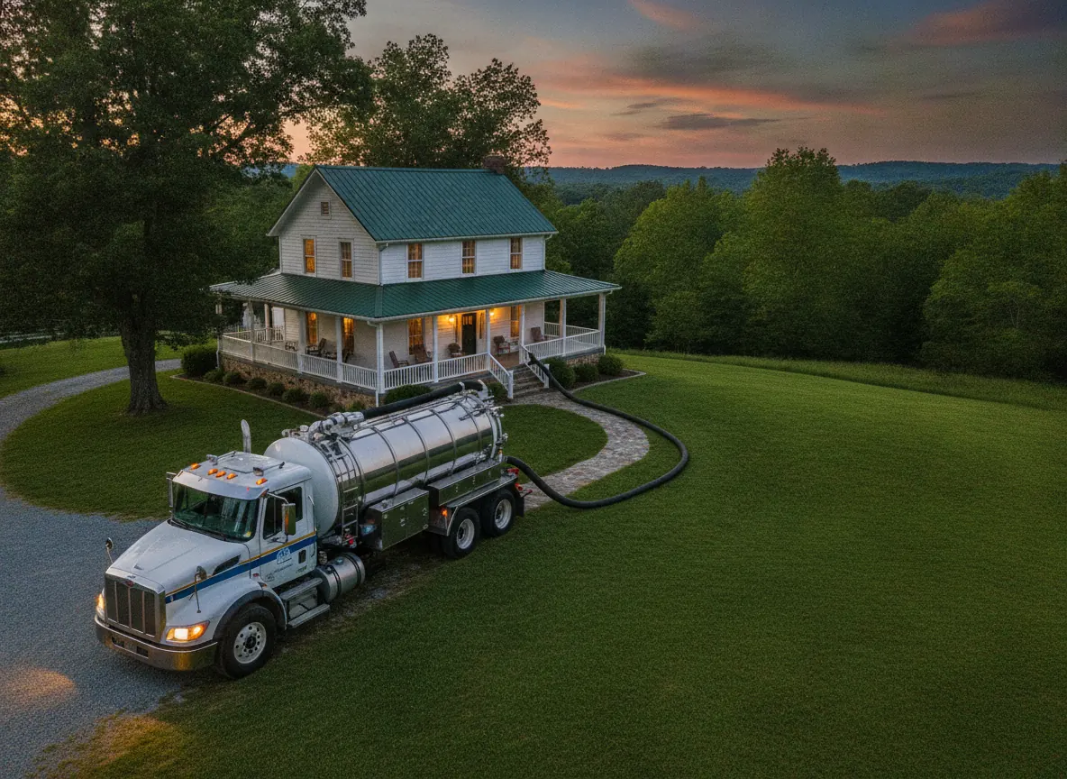 Vacuum truck with work lights at a rural home at dusk