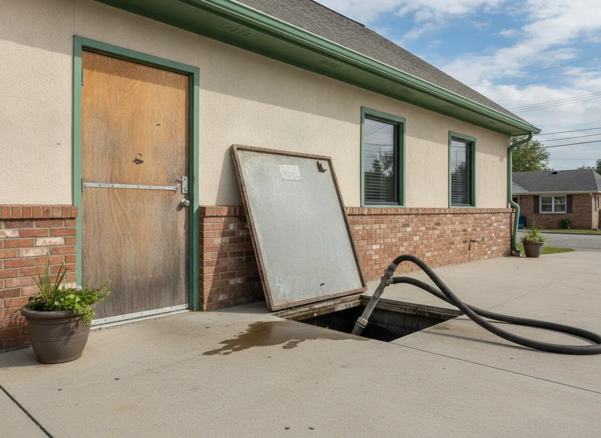Grease trap lid open behind a restaurant with a vacuum hose ready