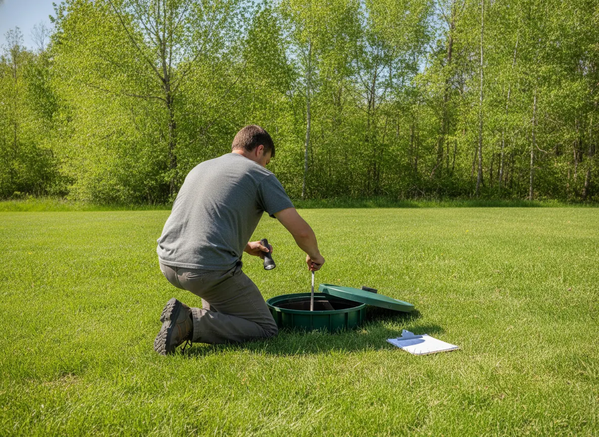 Technician inspecting a septic tank through an open riser