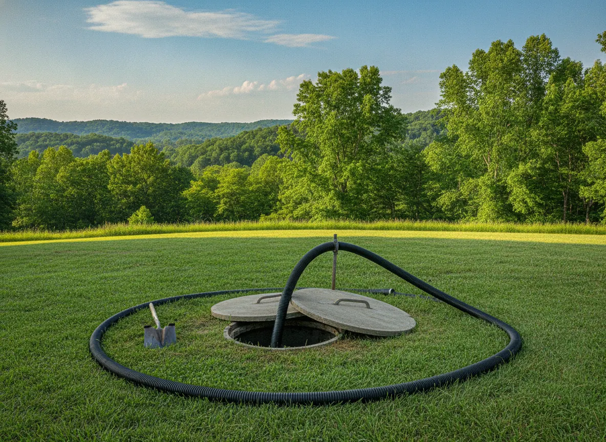 Open septic tank lid with a vacuum hose inserted