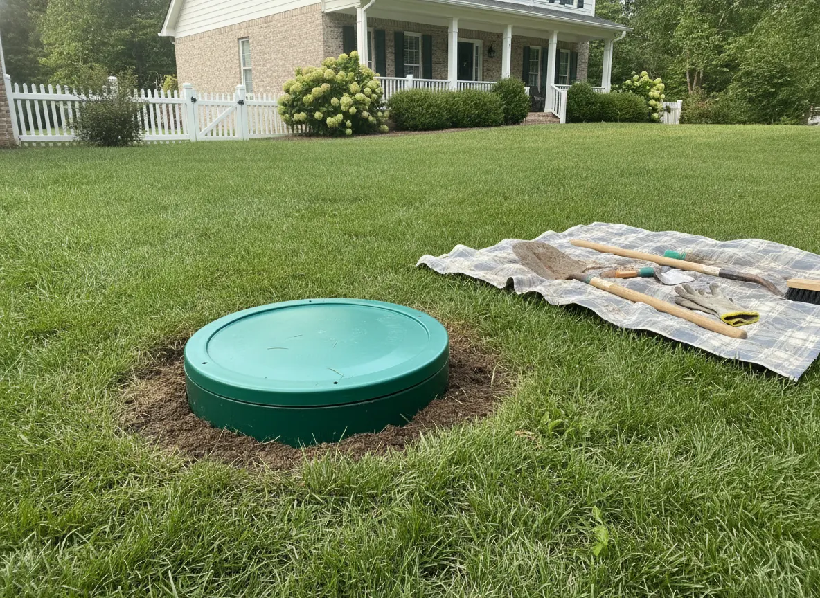 New septic riser and lid installed flush with a lawn